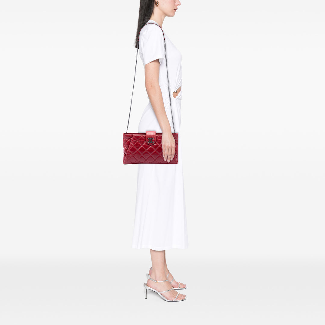 Matelassé Glacé Coco Pleats Chaîne Pochette Cuir de veau Rouge