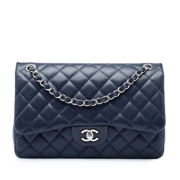 Classic Double rabat Jumbo Cuir caviar Bleu