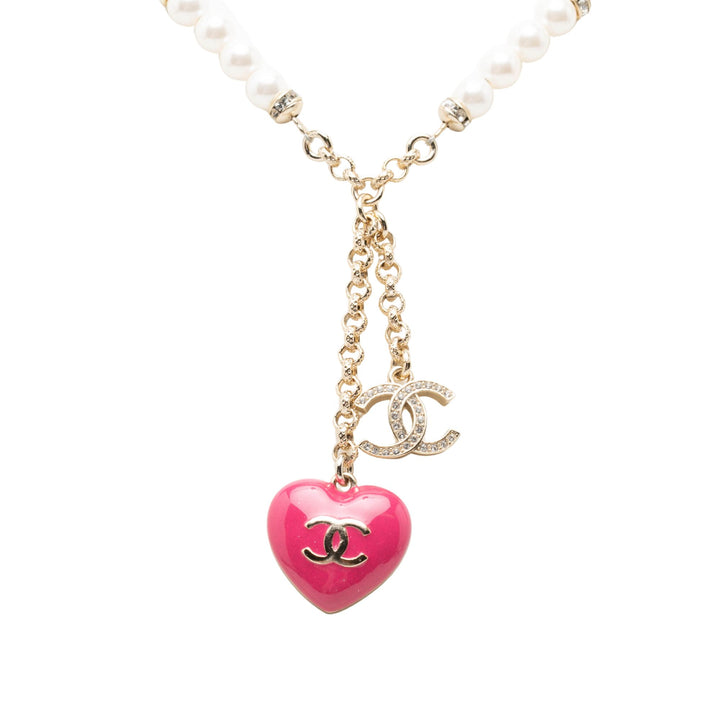 CC plaqué Strass Perles fantaisie Émail Heart Pendant Collier Doré