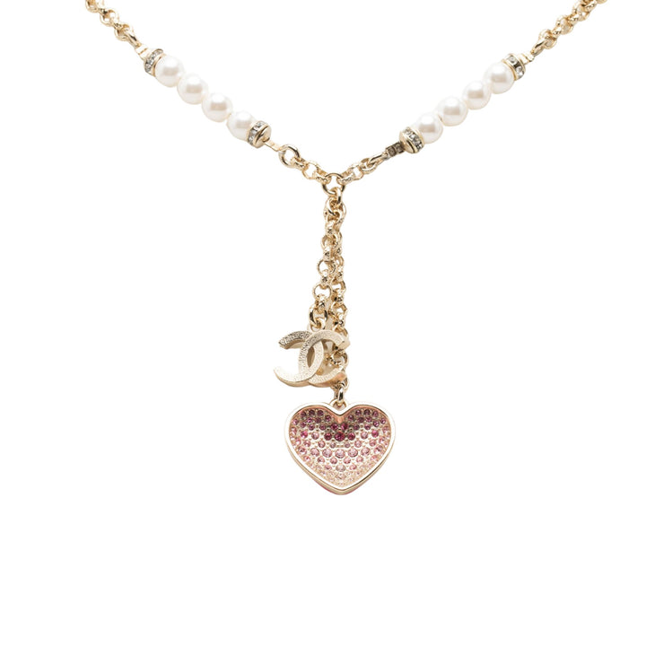 CC plaqué Strass Perles fantaisie Émail Heart Pendant Collier Doré