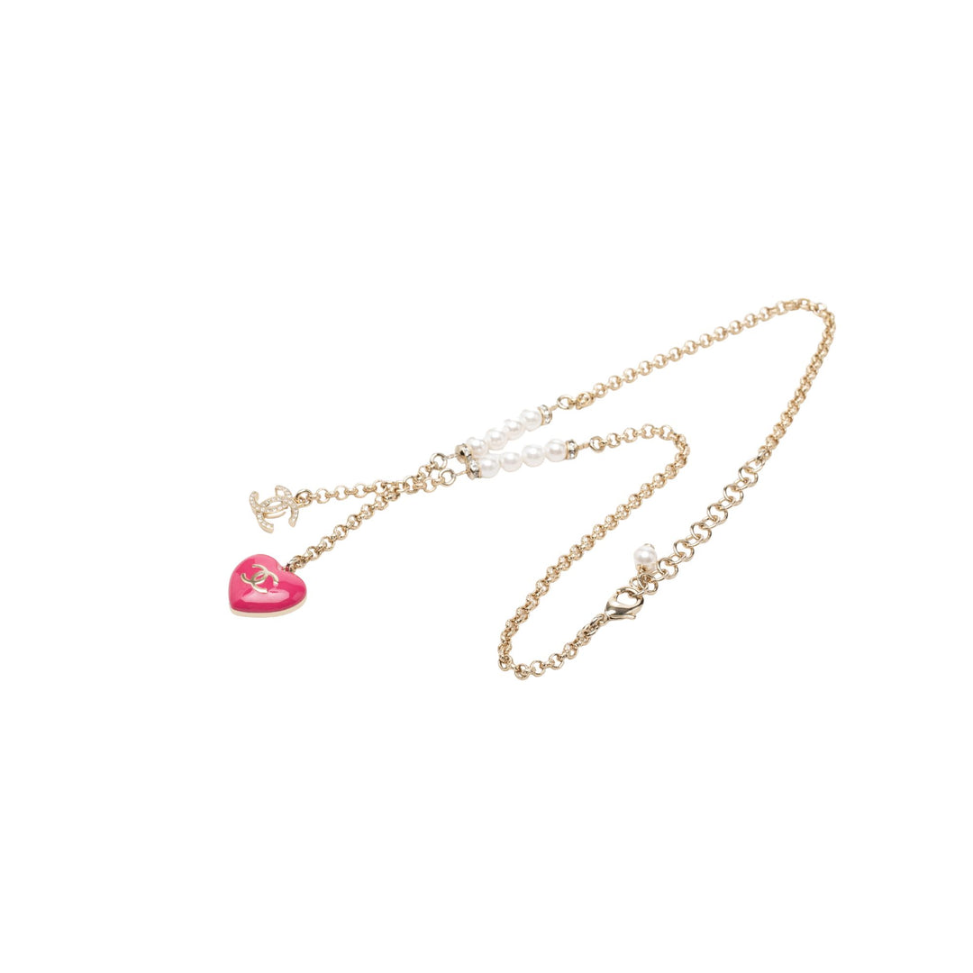CC plaqué Strass Perles fantaisie Émail Heart Pendant Collier Doré