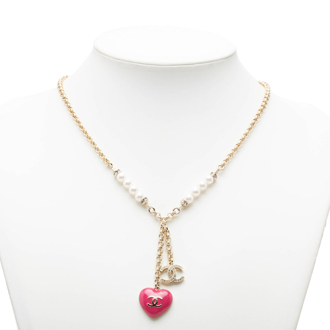 CC plaqué Strass Perles fantaisie Émail Heart Pendant Collier Doré