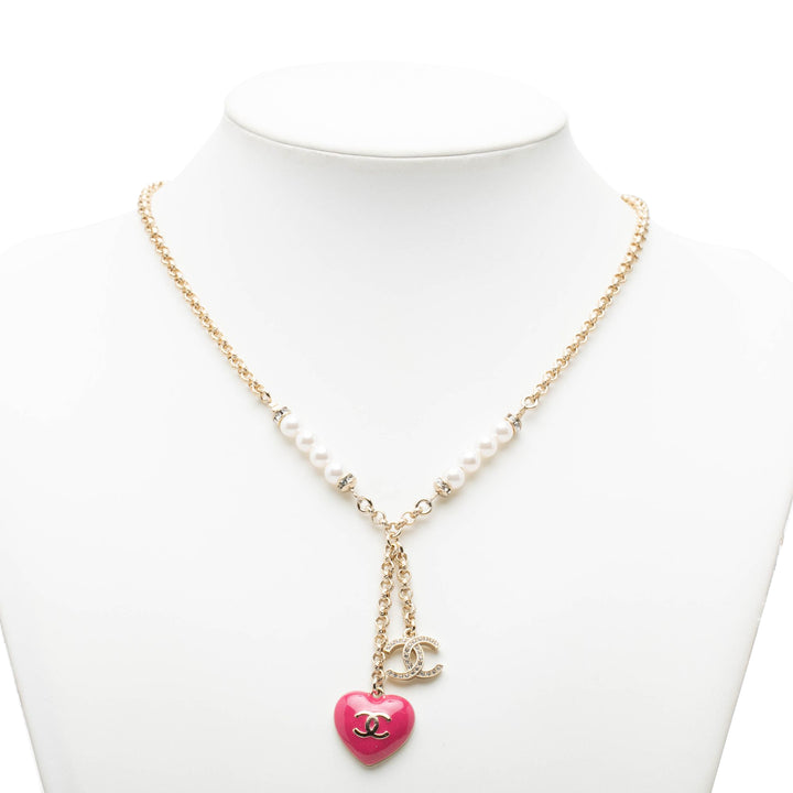 CC plaqué Strass Perles fantaisie Émail Heart Pendant Collier Doré