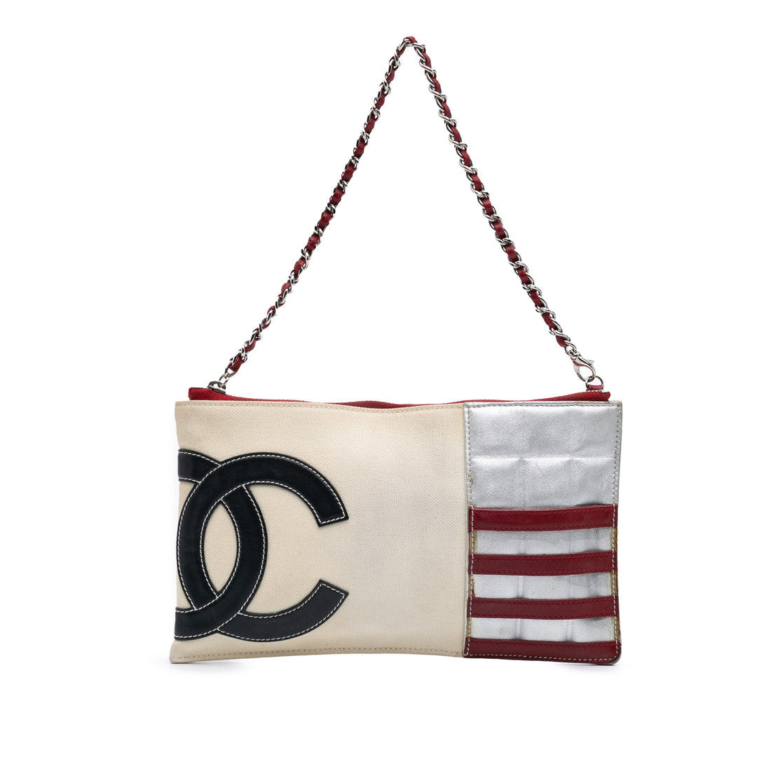 CC Canvas and Metallic Lambskin Flag Pochette White - Gaby Paris