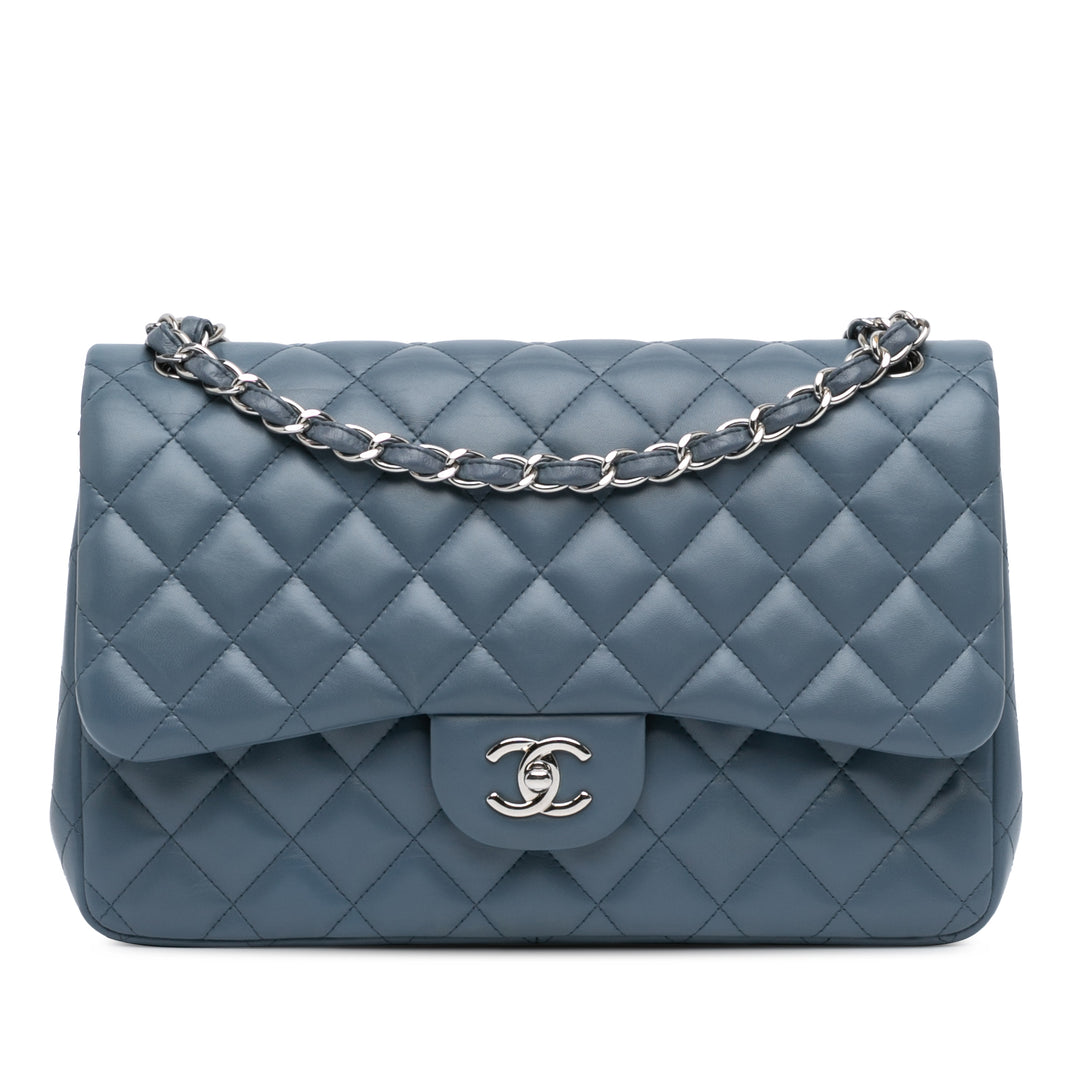 Jumbo Classic Lambskin Double Flap Blue - Gaby Paris