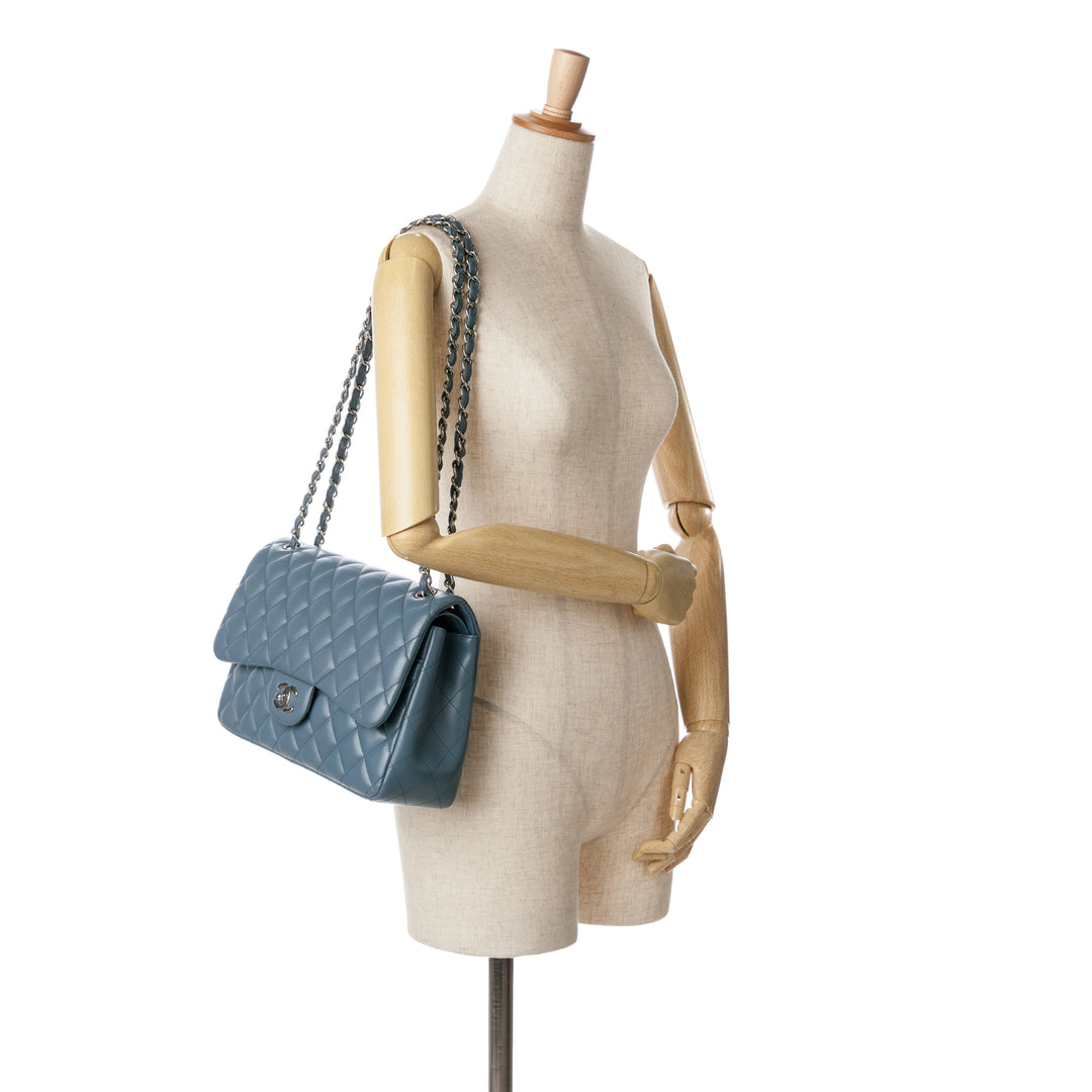 Jumbo Classic Lambskin Double Flap Blue - Gaby Paris