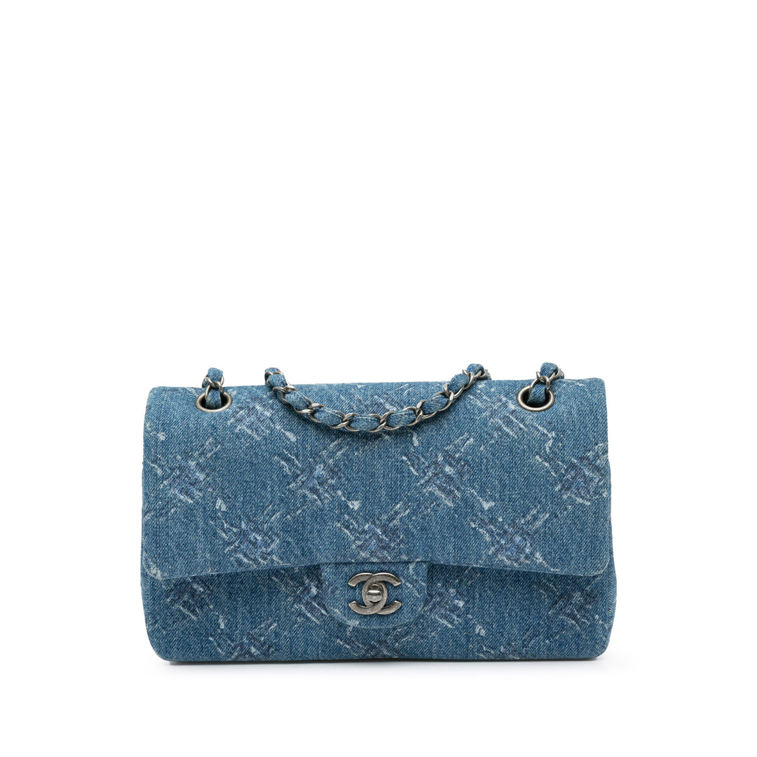 Medium Classic Printed Denim Double Flap Blue - Gaby Paris