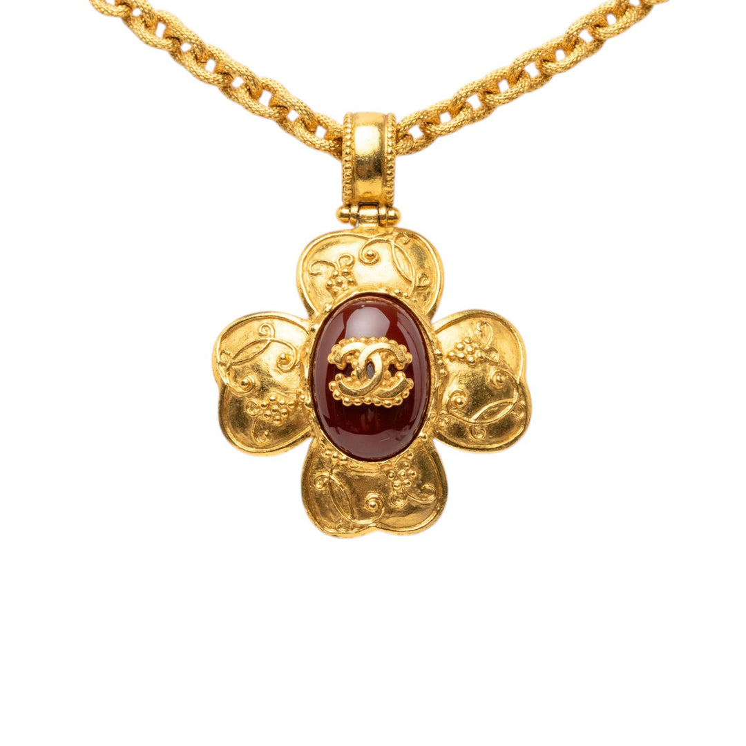 CC plaqué Gripoix Clover Pendant Collier Doré