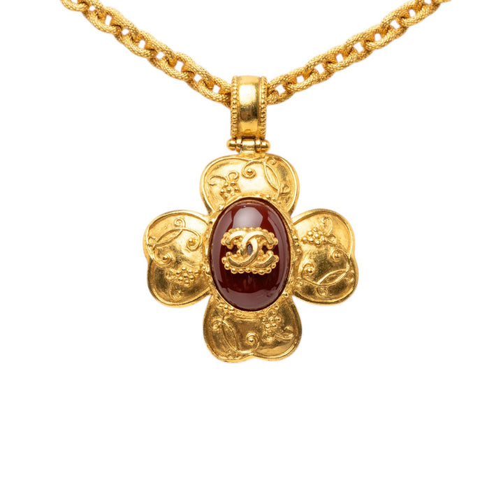 CC plaqué Gripoix Clover Pendant Collier Doré