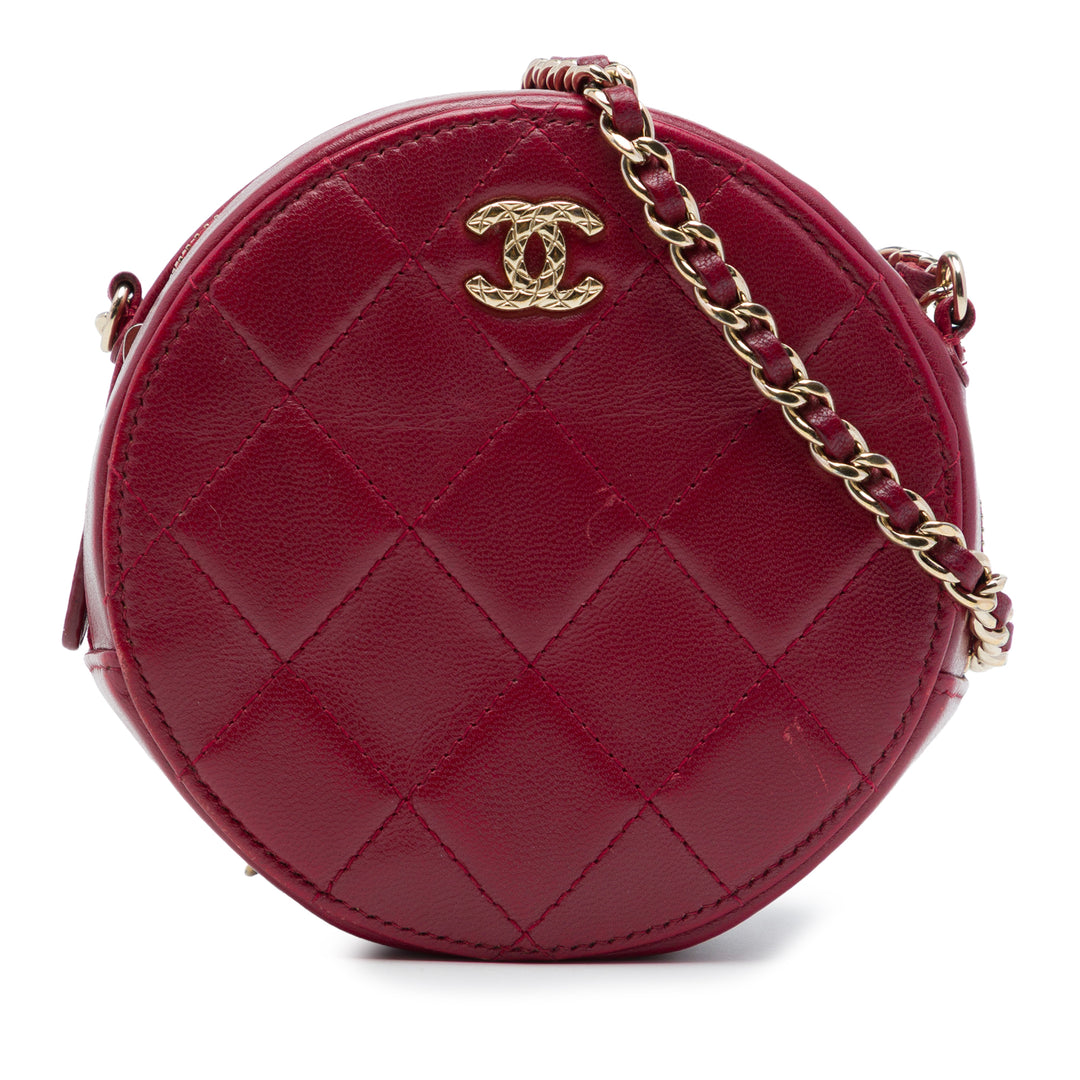 Chanel CC Matelassé Rond Pochette avec chaîne Cuir d'agneau Rouge – vue principale – GABY PARIS