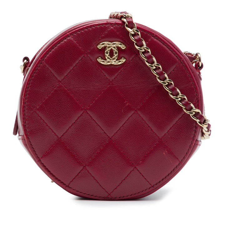 Chanel CC Matelassé Rond Pochette avec chaîne Cuir d'agneau Rouge – vue principale – GABY PARIS