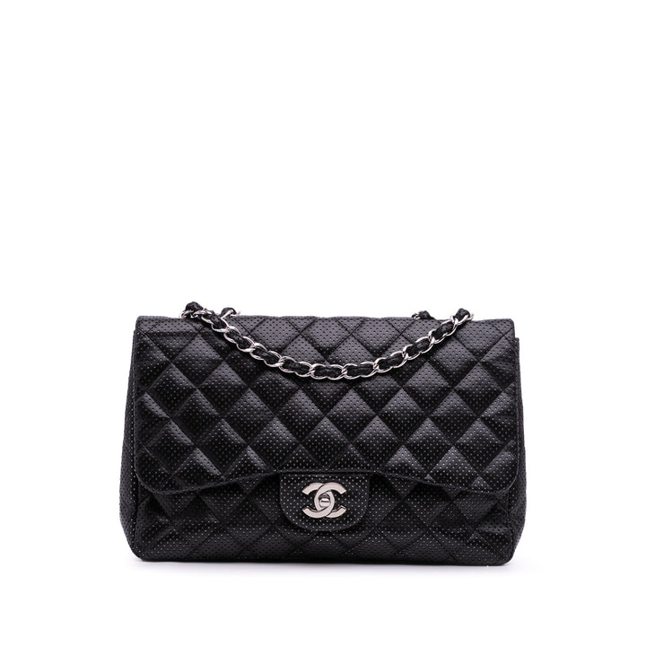 Jumbo Perforated Lambskin Single Flap Black - Gaby Paris