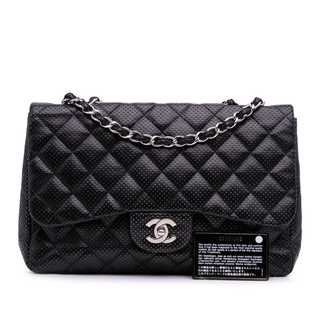 Jumbo Perforated Lambskin Single Flap Black - Gaby Paris