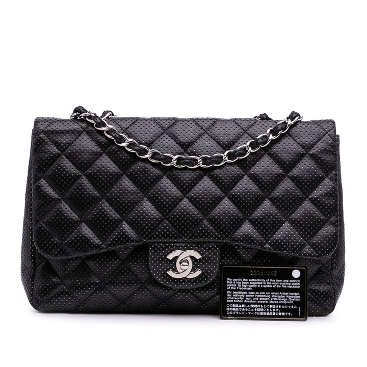 Jumbo Perforated Lambskin Single Flap Black - Gaby Paris