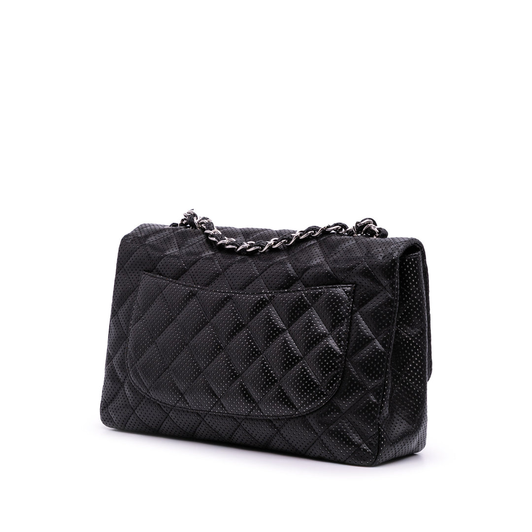 Jumbo Perforated Lambskin Single Flap Black - Gaby Paris
