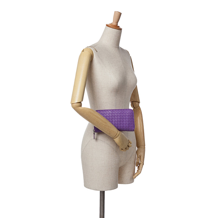Leather Intrecciato Zip Around Wallet Purple - Gaby Paris