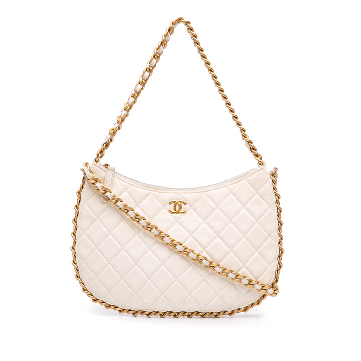 brillant Froissé Matelassé Trendy Sac rond à chaîne Hobo Grand Cuir d'agneau Blanc