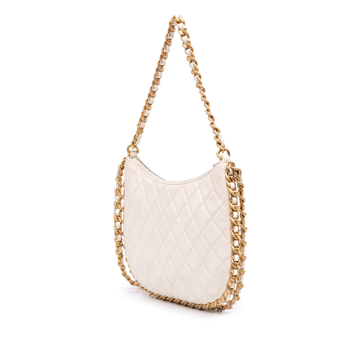 brillant Froissé Matelassé Trendy Sac rond à chaîne Hobo Grand Cuir d'agneau Blanc