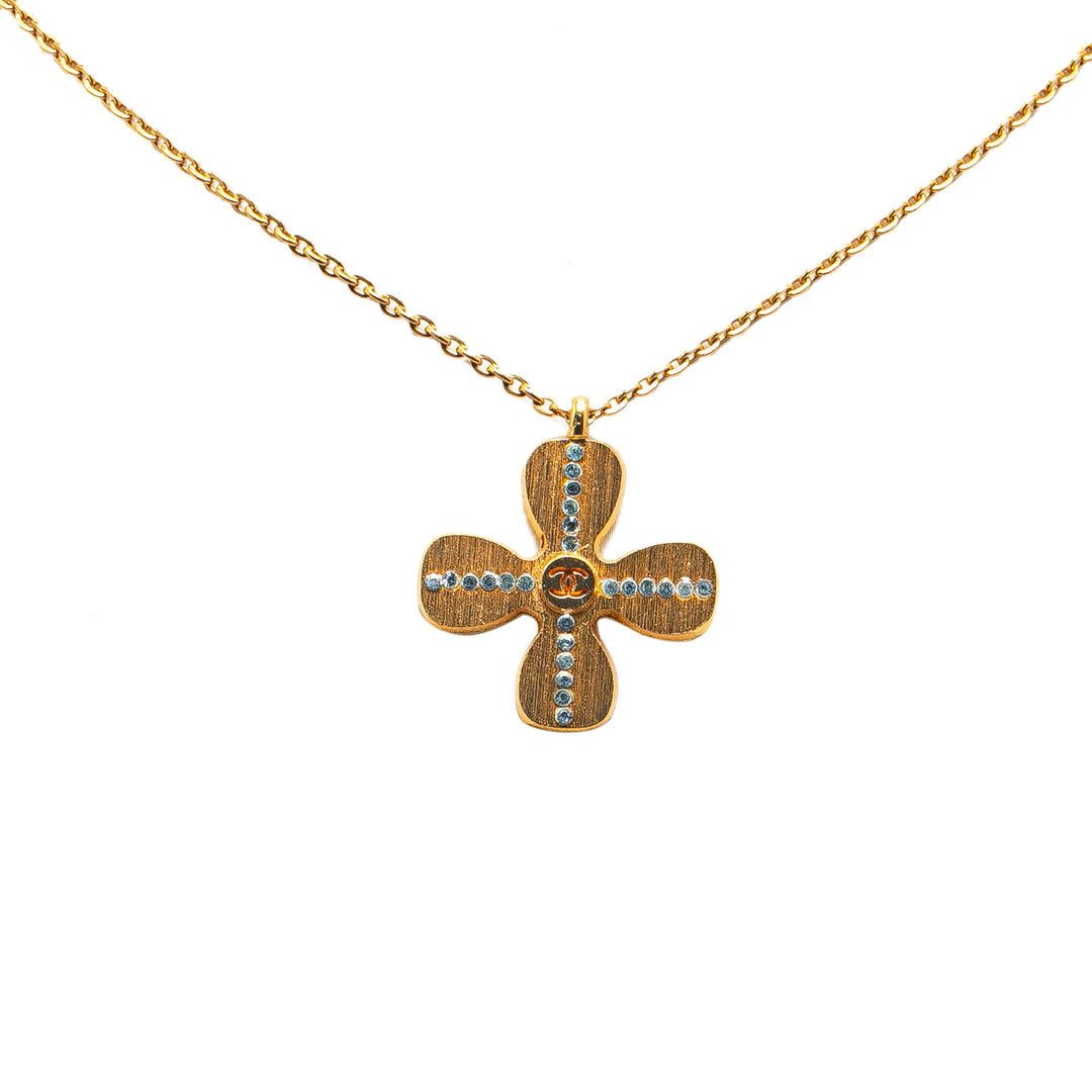 Gold Plated Rhinestones Clover Pendant Necklace Gold - Gaby Paris