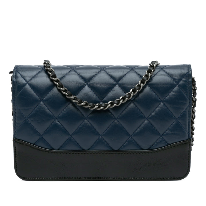 Quilted Aged Calfskin Gabrielle Wallet On Chain Blue - Gaby Paris