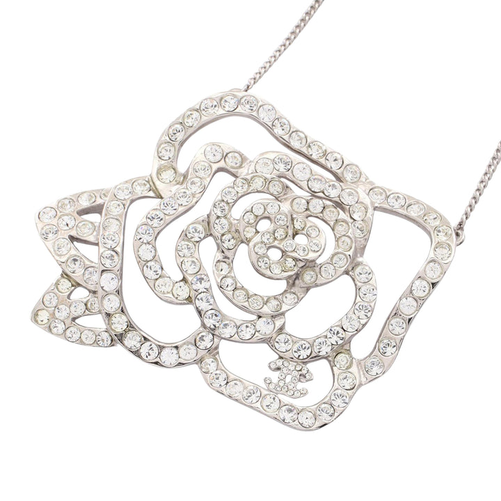 Chanel CC Stainless Steel Rhinestone Embellished Camellia Pendant Necklace