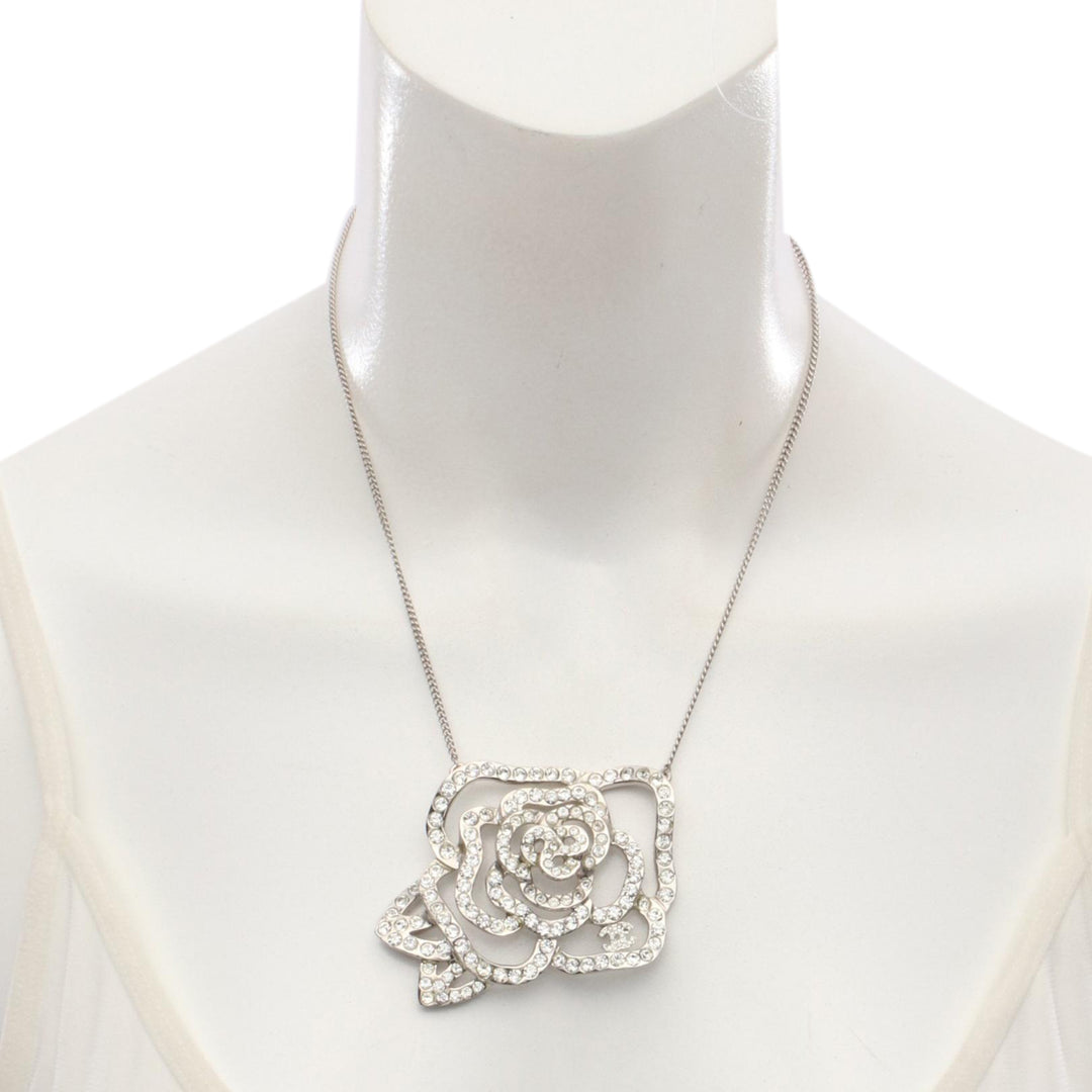 Chanel CC Stainless Steel Rhinestone Embellished Camellia Pendant Necklace