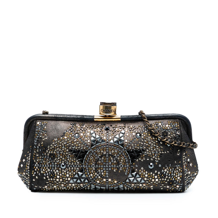 Chanel CC Glitter Cuir d’agneau Studded Frame Pochette on Chain Noir