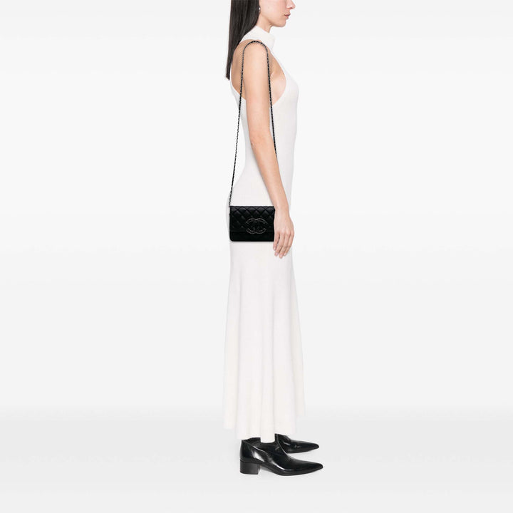 Iridescent Caviar Crystal CC Wallet On Chain Black - Gaby Paris