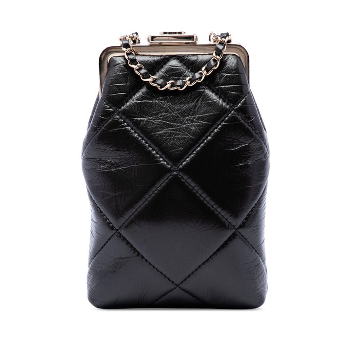 CC Matelassé Kisslock Armature Pochette Petit Cuir d'agneau Noir