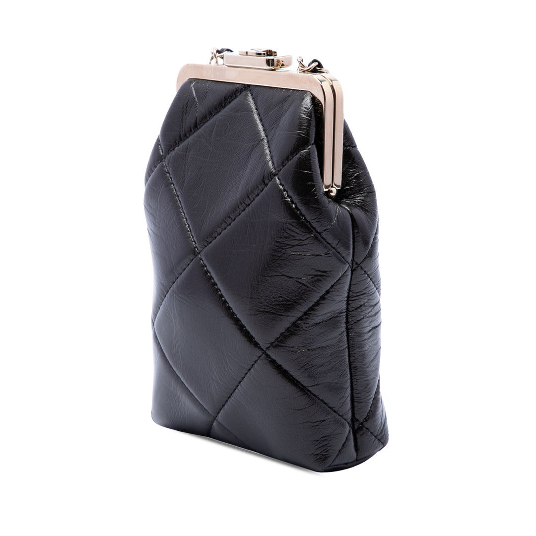CC Matelassé Kisslock Armature Pochette Petit Cuir d'agneau Noir