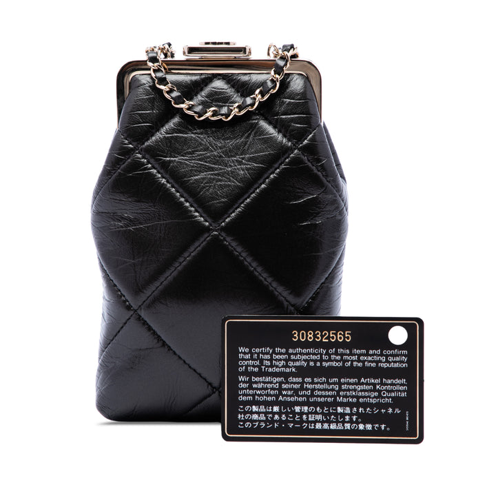 CC Matelassé Kisslock Armature Pochette Petit Cuir d'agneau Noir