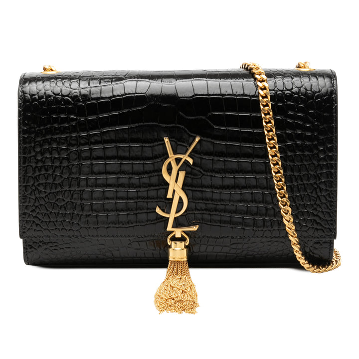Saint Laurent Medium Croc embossé Cuir verni Monogram Kate Pompon Sac porté croisé