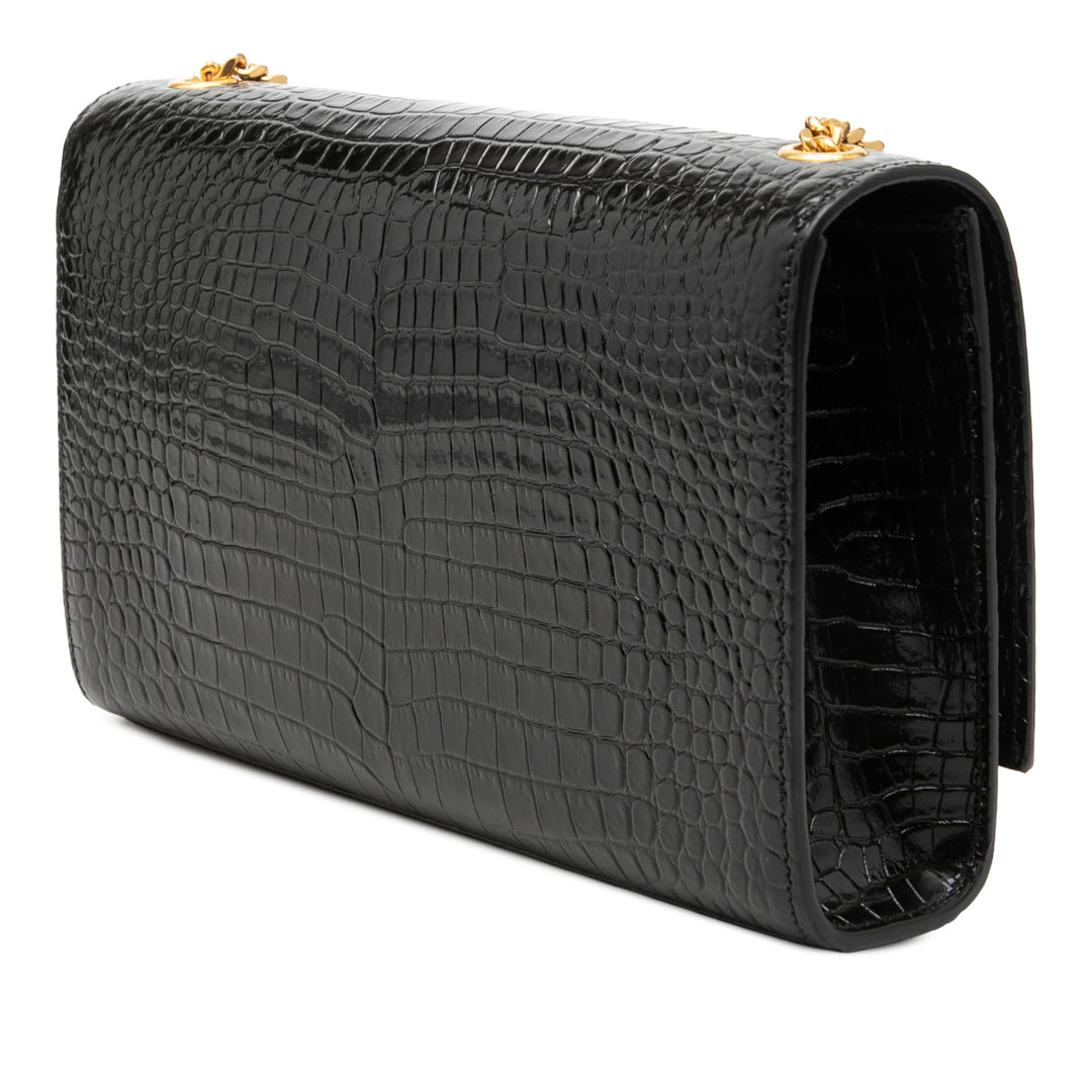 Saint Laurent Medium Croc embossé Cuir verni Monogram Kate Pompon Sac porté croisé