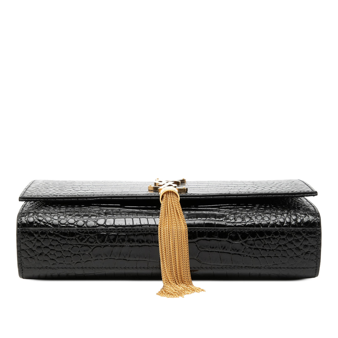 Saint Laurent Medium Croc embossé Cuir verni Monogram Kate Pompon Sac porté croisé