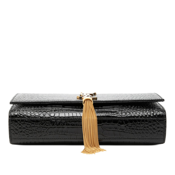 Saint Laurent Medium Croc embossé Cuir verni Monogram Kate Pompon Sac porté croisé