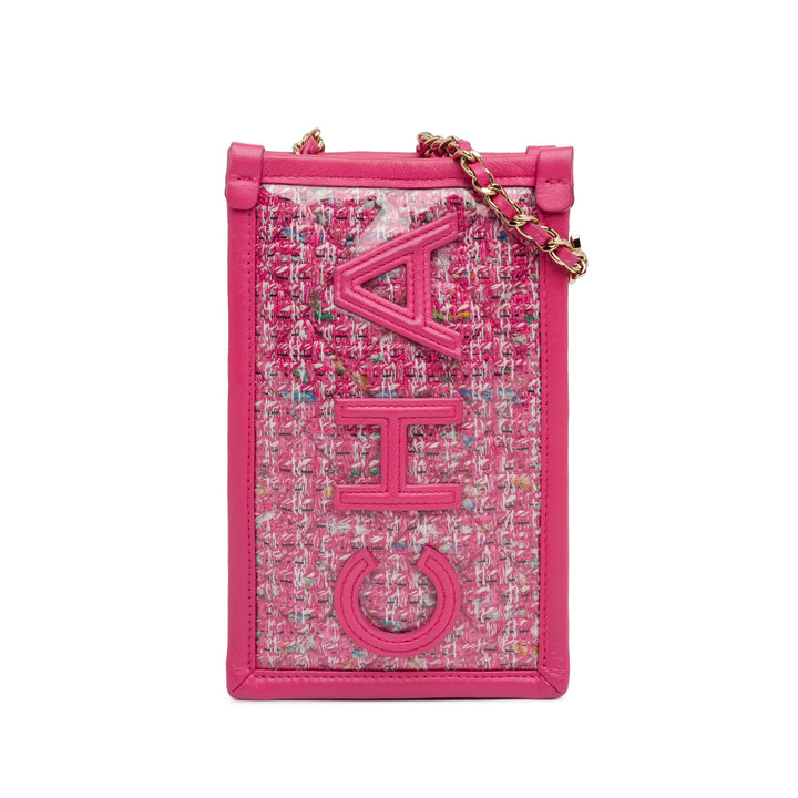 Tweed and PVC Phone Clutch with Chain Pink - Gaby Paris