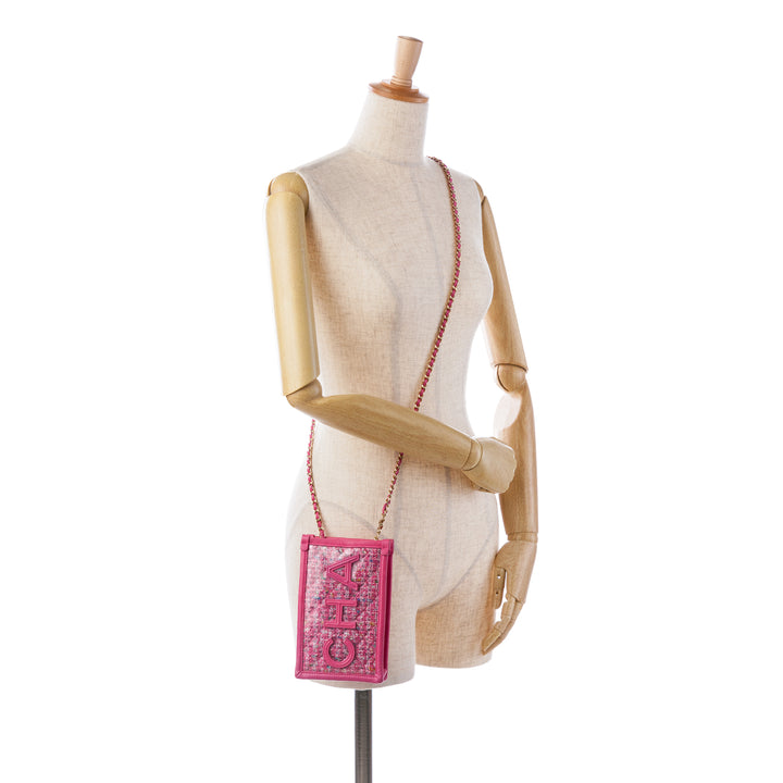 Tweed and PVC Phone Clutch with Chain Pink - Gaby Paris