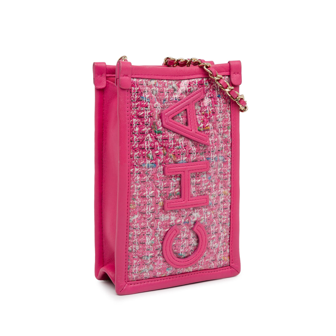 Tweed and PVC Phone Clutch with Chain Pink - Gaby Paris