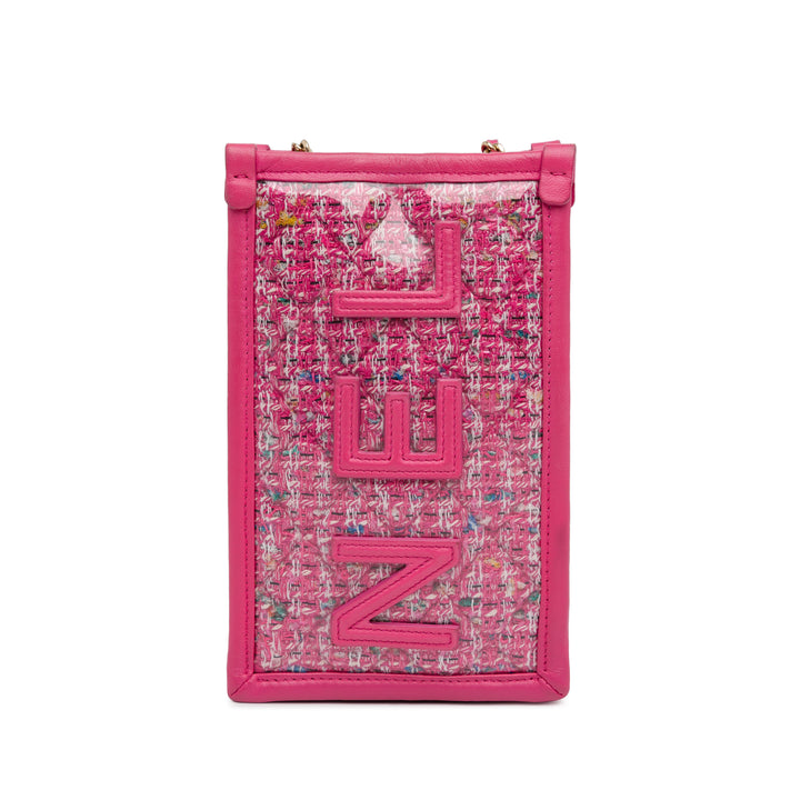 Tweed and PVC Phone Clutch with Chain Pink - Gaby Paris