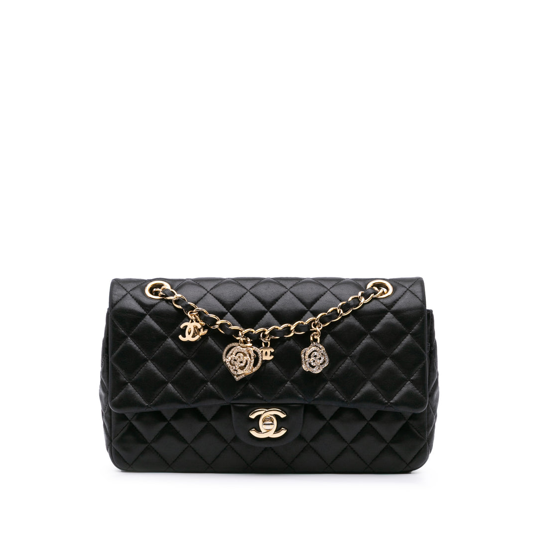 Medium Classic Lambskin Valentines Heart Charms Single Flap Black - Gaby Paris