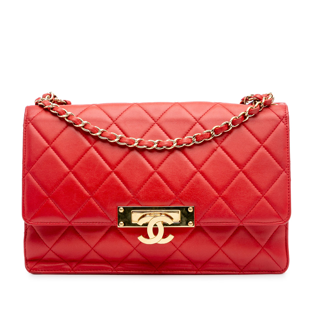 Large Quilted Lambskin Golden Class Flap Red - Gaby Paris