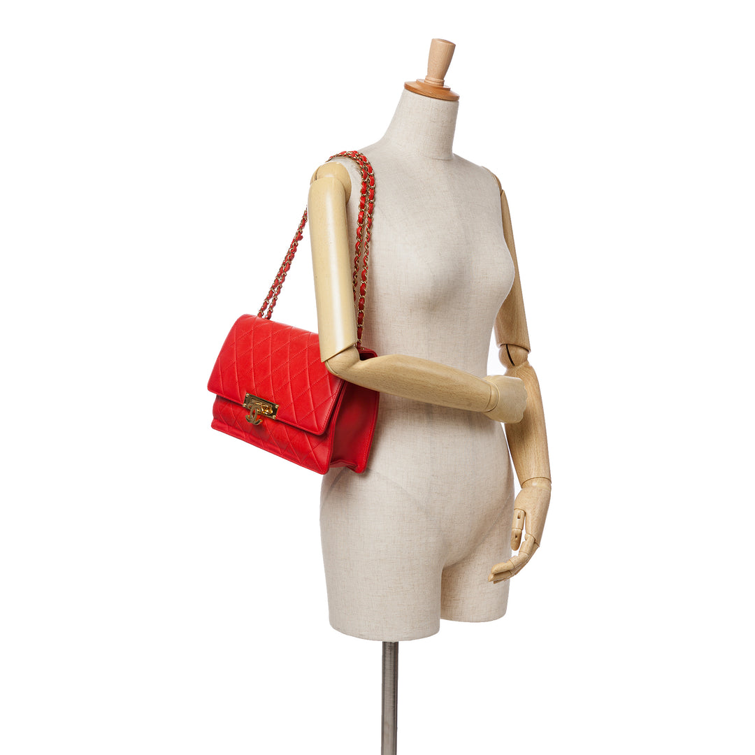 Large Quilted Lambskin Golden Class Flap Red - Gaby Paris