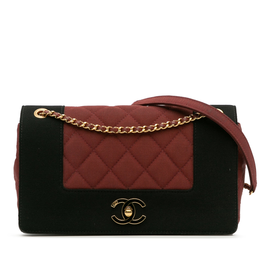 Small Bicolor Quilted Grosgrain Satin Small Mademoiselle Double Flap Red - Gaby Paris