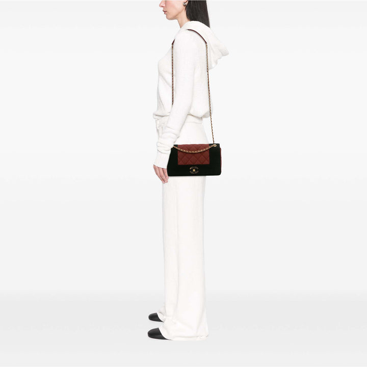 Small Bicolor Quilted Grosgrain Satin Small Mademoiselle Double Flap Red - Gaby Paris