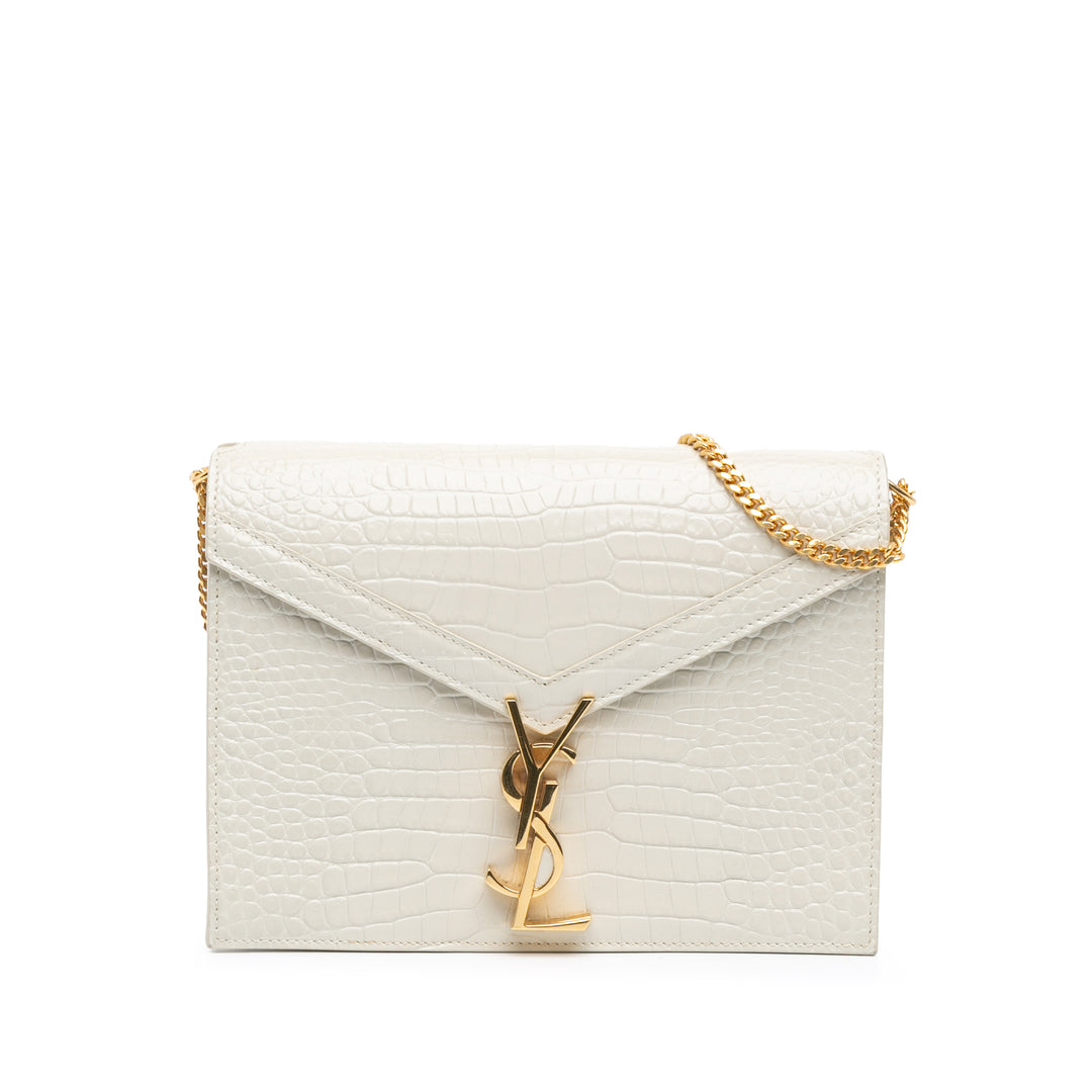 Croc Embossed Leather Monogram Cassandra Clasp Bag White - Gaby Paris