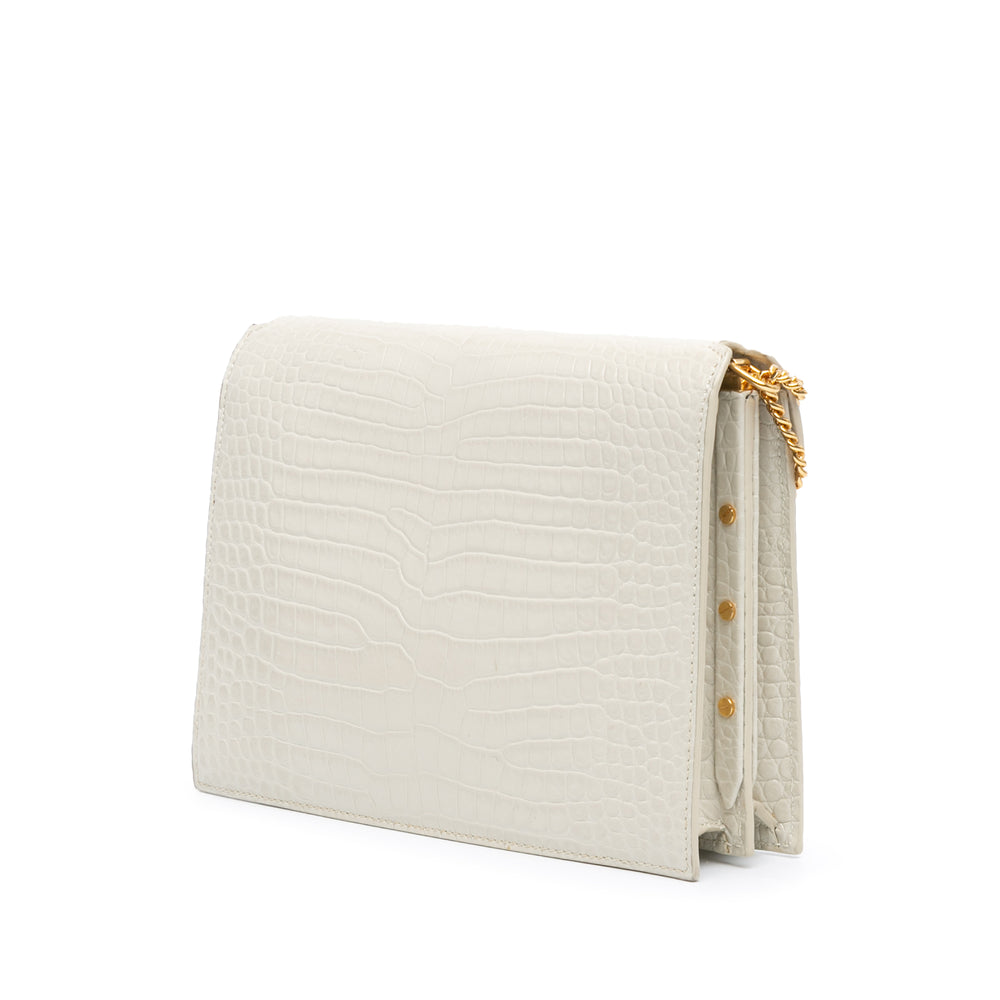 Croc Embossed Leather Monogram Cassandra Clasp Bag White - Gaby Paris