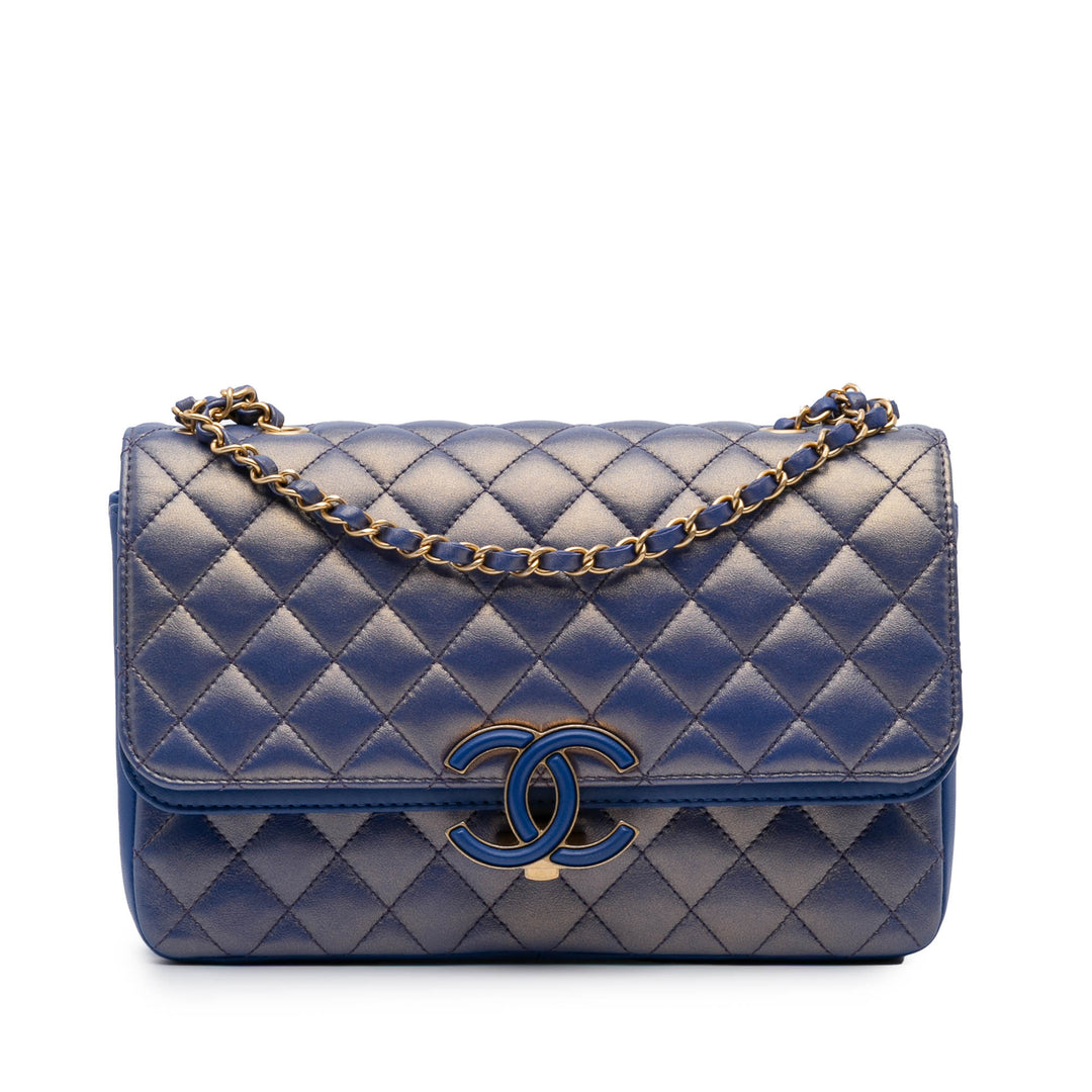 Medium Quilted Metallic Lambskin CC Chic Double Flap Blue - Gaby Paris