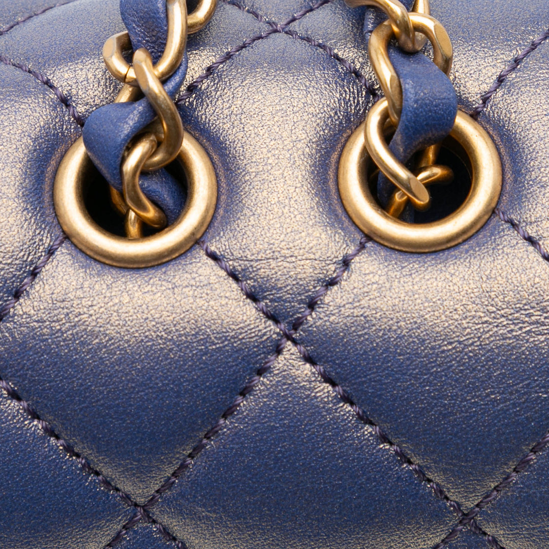 Medium Quilted Metallic Lambskin CC Chic Double Flap Blue - Gaby Paris