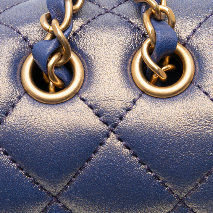 Medium Quilted Metallic Lambskin CC Chic Double Flap Blue - Gaby Paris