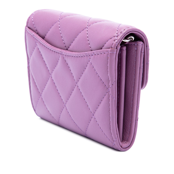 CC Matelassé à rabat Porte-cartes avec chaîne Cuir d'agneau Violet
